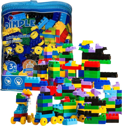 Pile of large multi-colored interlocking toddler blocks built into a house and car