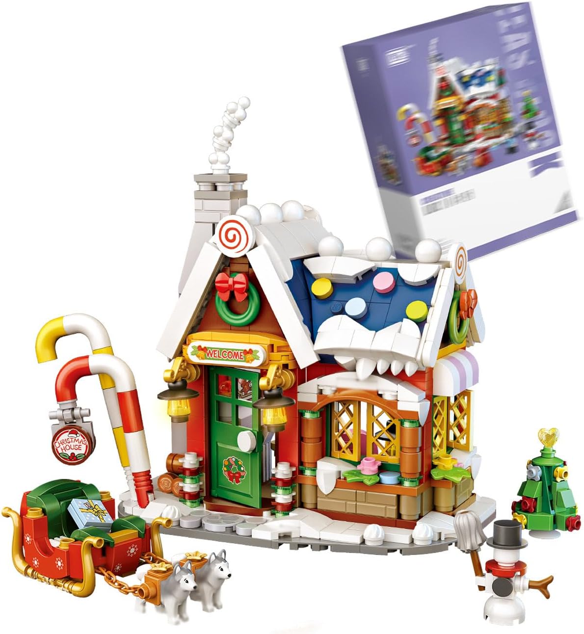 Built snowy holiday bakery with red awning, fountain and snack stand – view 10