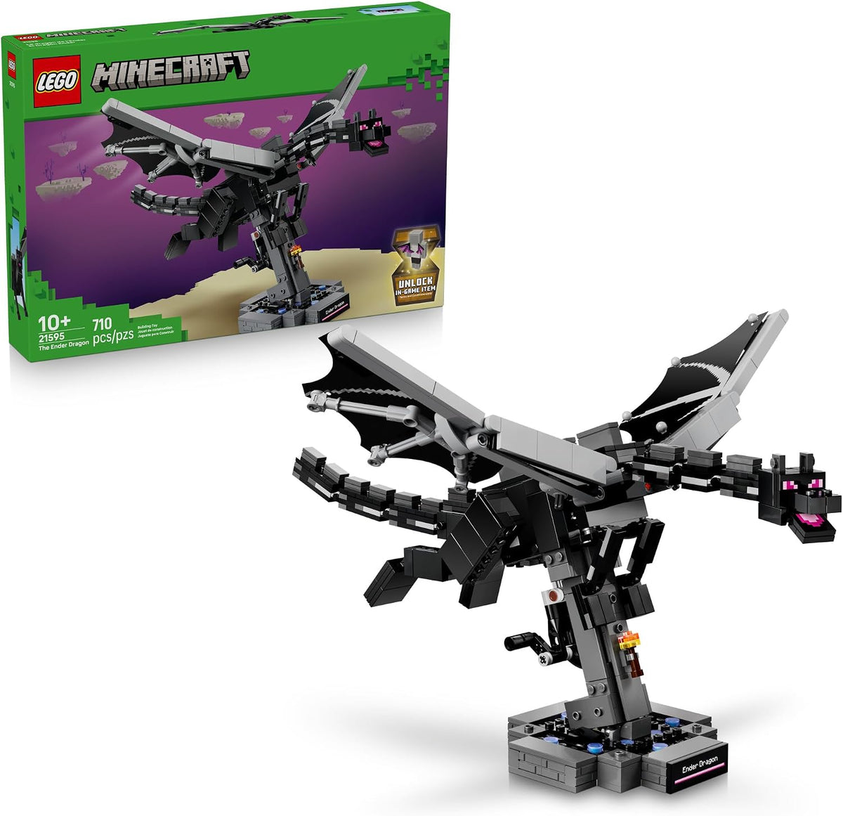 Brick-built fantasy dragon with spread foil wings above a portal base
