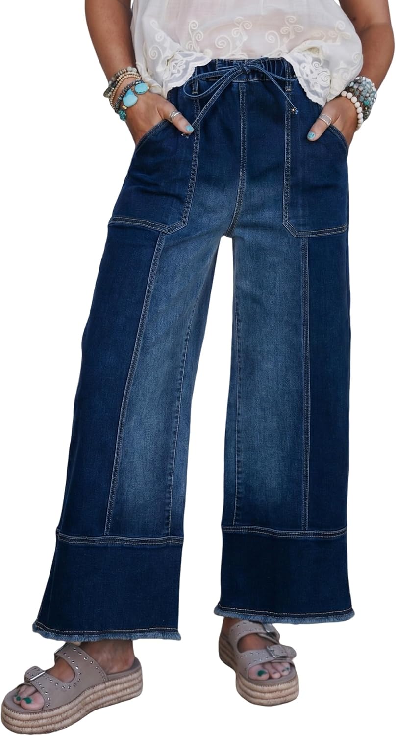 Women's High Waisted Wide Leg Jeans - Baggy Stretch Denim with an Adjustable Drawstring Waist - 6