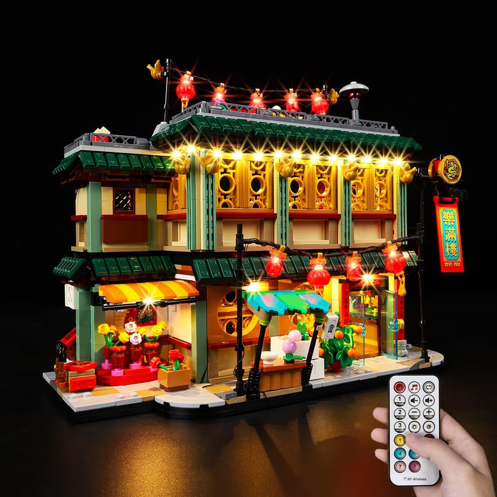 Brick-built Lunar New Year family dinner house with red lanterns lit by LEDs