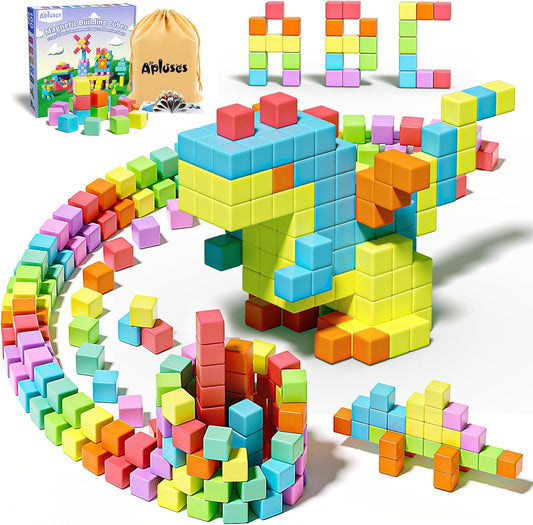 Colorful magnetic cubes stacked into towers and small structures