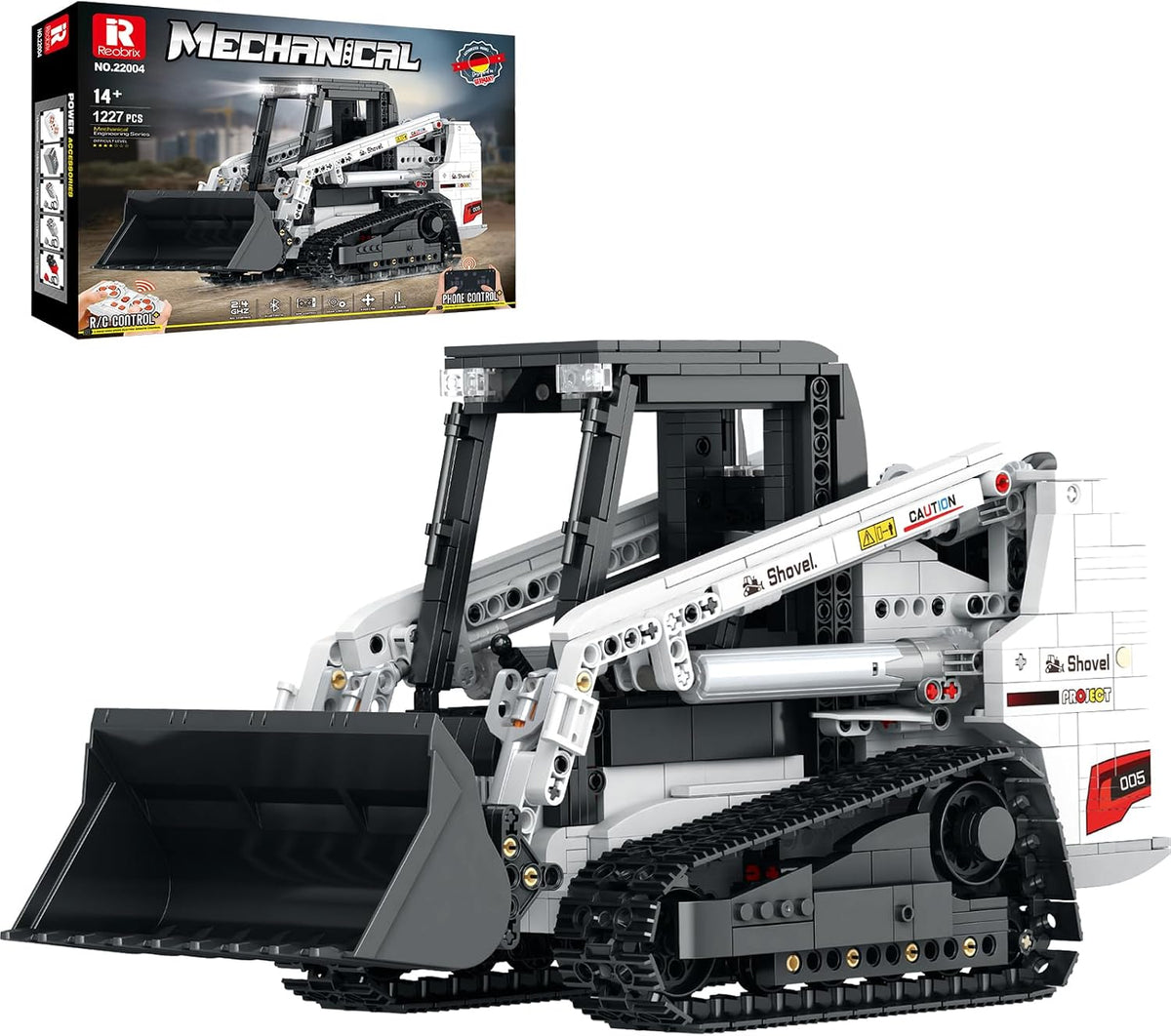 Motorized skid steer loader brick model with raised bucket and LED lights
