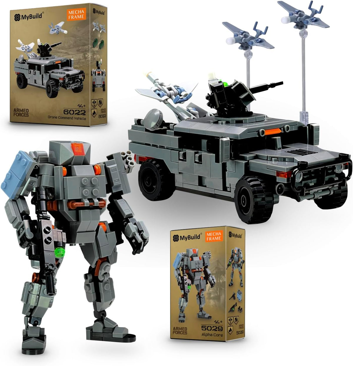 Brick-built posable military mech beside a command truck with recon drone
