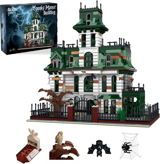Dark gothic brick haunted mansion with towers, bare trees and iron fence