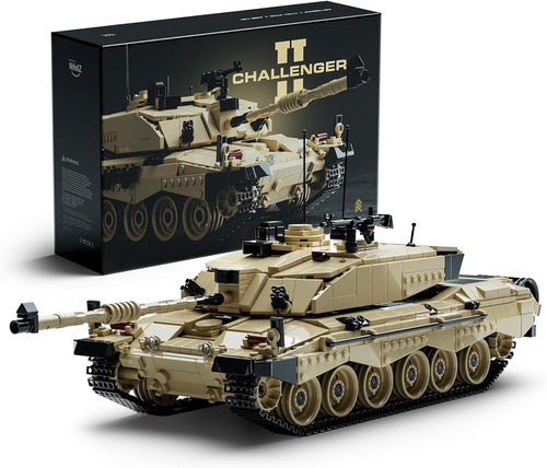 Desert yellow main battle tank brick model with long gun barrel and tracked wheels