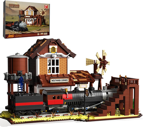 Brick-built Wild West train station with vintage locomotive at the platform