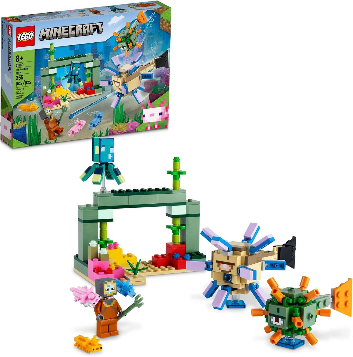 Brick-built underwater monument and coral reef with guardian creature