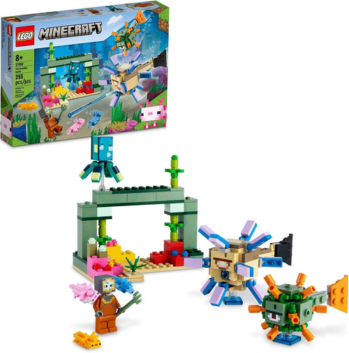 Brick-built underwater monument and coral reef with guardian creature