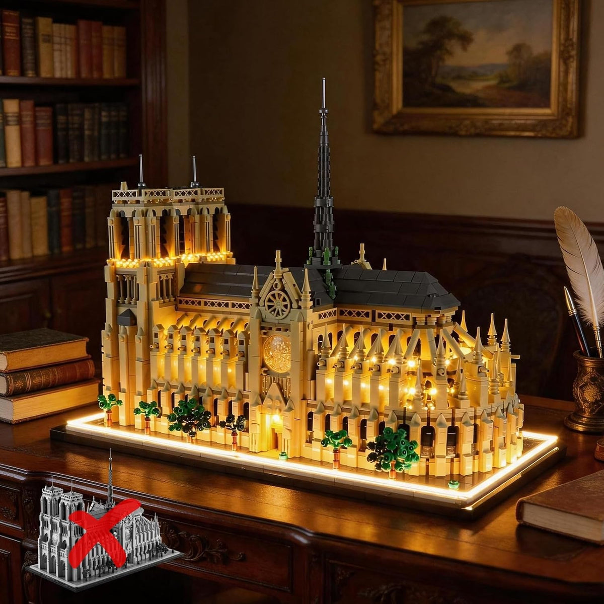 Gothic cathedral brick model lit from within by warm LED lights