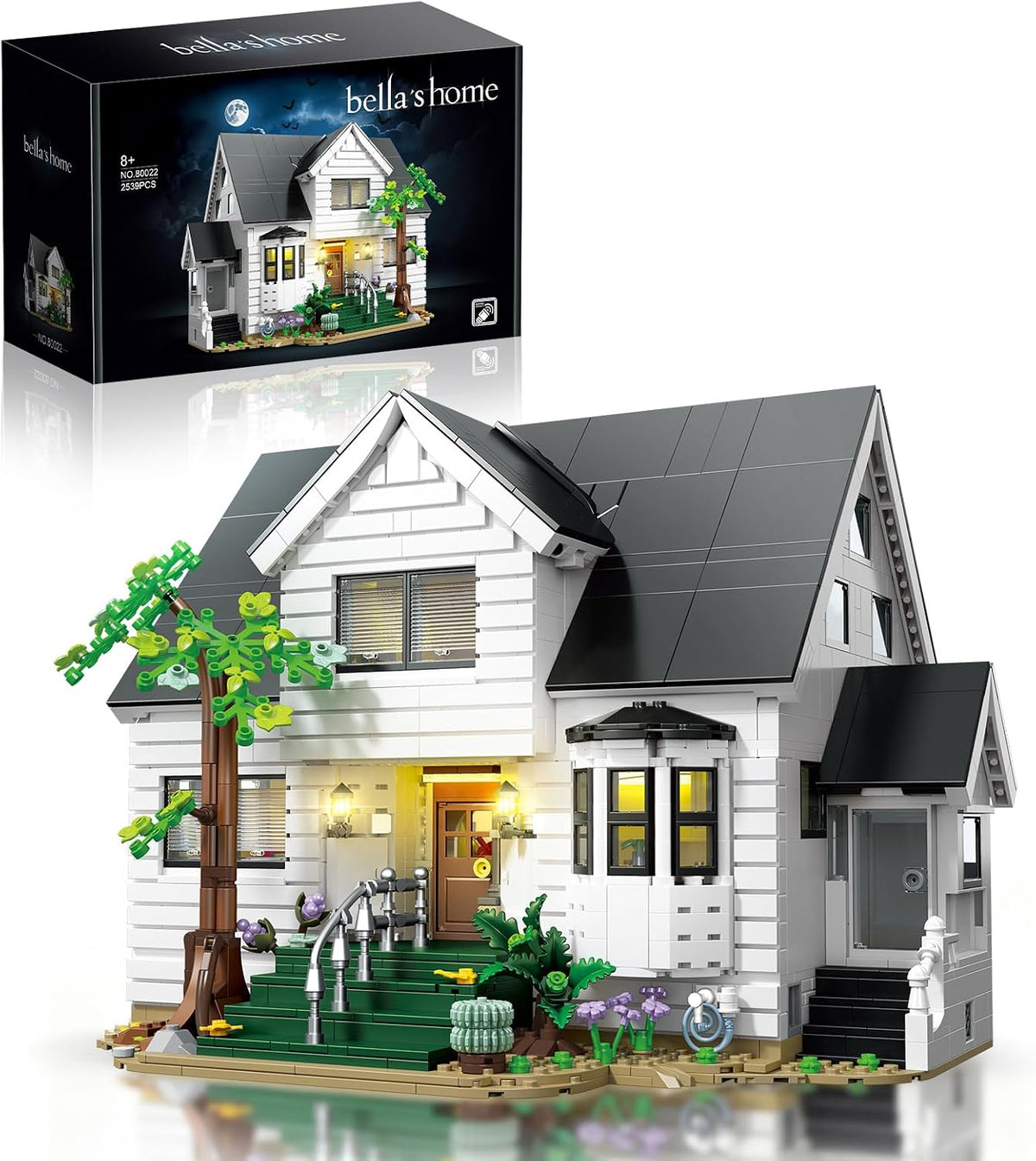 Built modern villa brick model glowing with interior lights – view 2