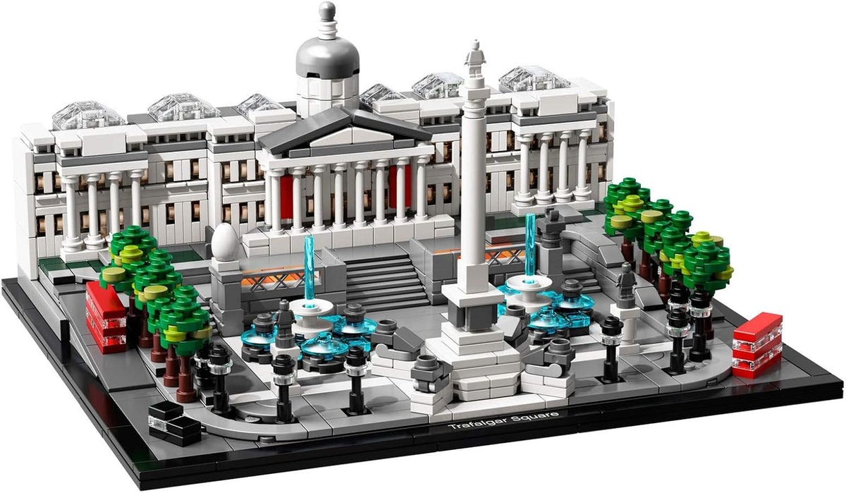 Brick-built Trafalgar Square with National Gallery, fountains and red buses