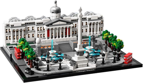 Brick-built Trafalgar Square with National Gallery, fountains and red buses