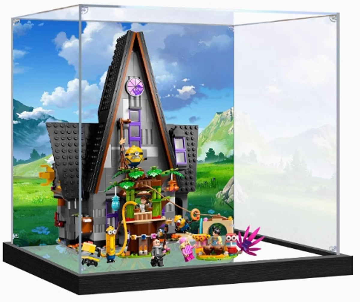 Cube acrylic display case around a luxury home brick model – view 3