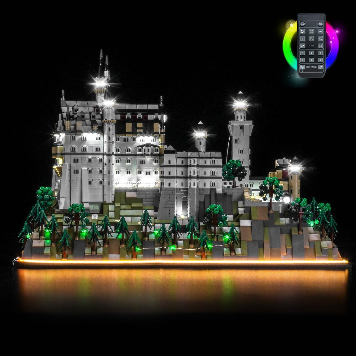 Neuschwanstein Castle brick model glowing with warm LED lights in its windows