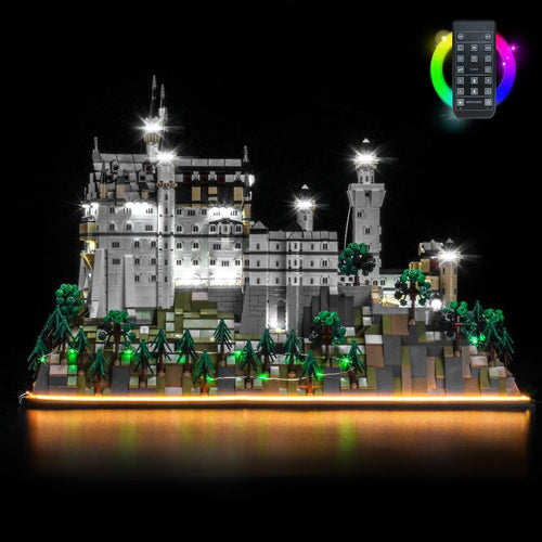 Neuschwanstein Castle brick model glowing with warm LED lights in its windows