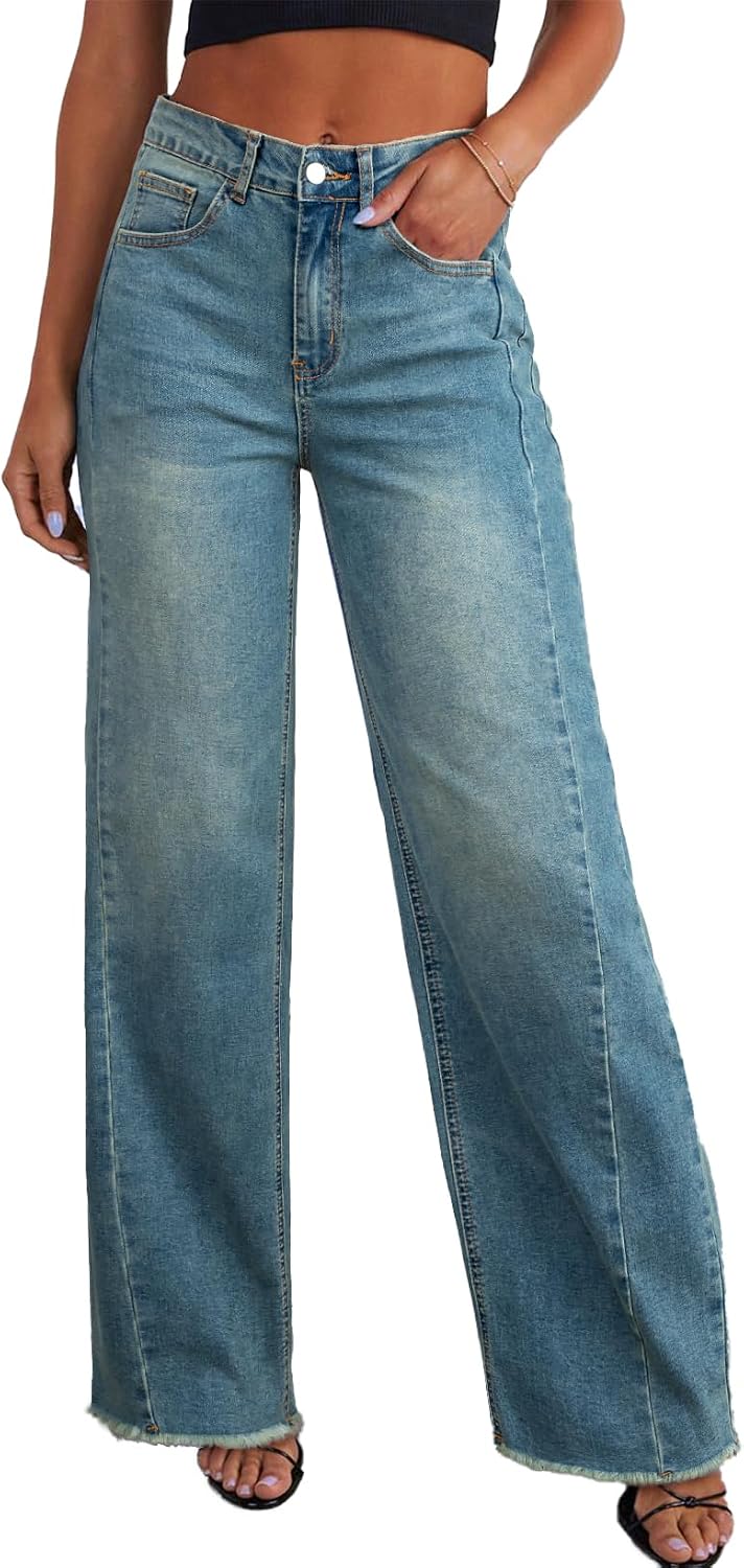 Women's High Waisted Wide Leg Jeans - Raw Hem Baggy Boyfriend Denim in Full Length for Daily Outfits - 2