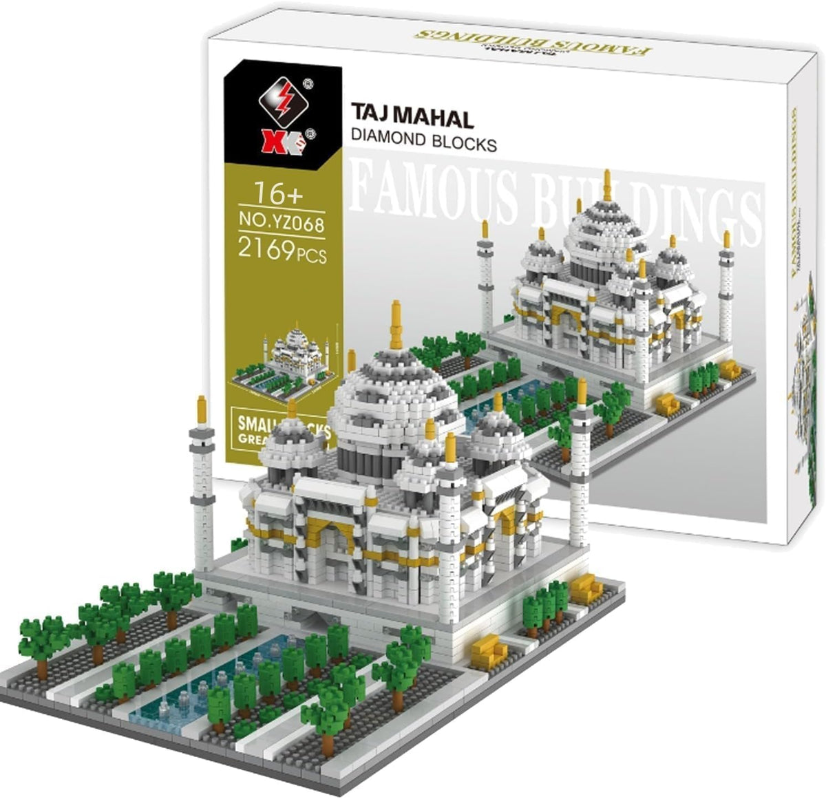 White micro block model of the Taj Mahal with domes and minarets
