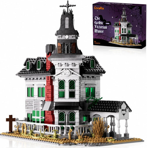 Built dark Victorian haunted manor with clock tower and arched porch