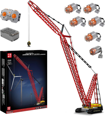 Tall yellow tracked crawler crane brick model with a long lattice boom
