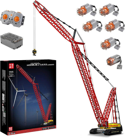 Tall yellow tracked crawler crane brick model with a long lattice boom