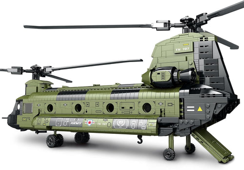 Olive drab twin-rotor army transport helicopter brick model