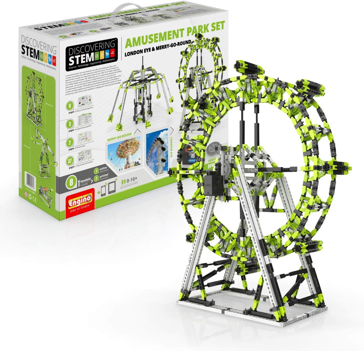 Motorized construction model of a large observation wheel with passenger pods