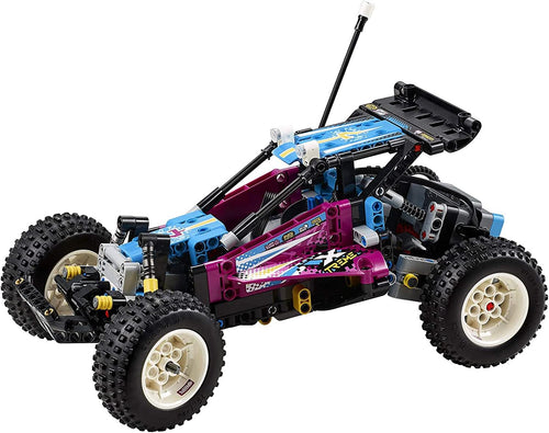 Colorful brick-built off-road buggy with large tires and visible suspension