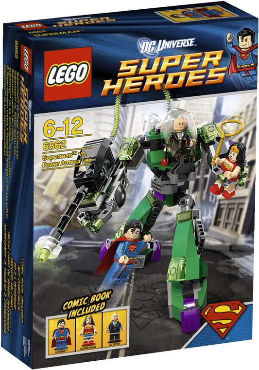 Green brick-built power-armor robot gripping a figure while a caped hero flies nearby