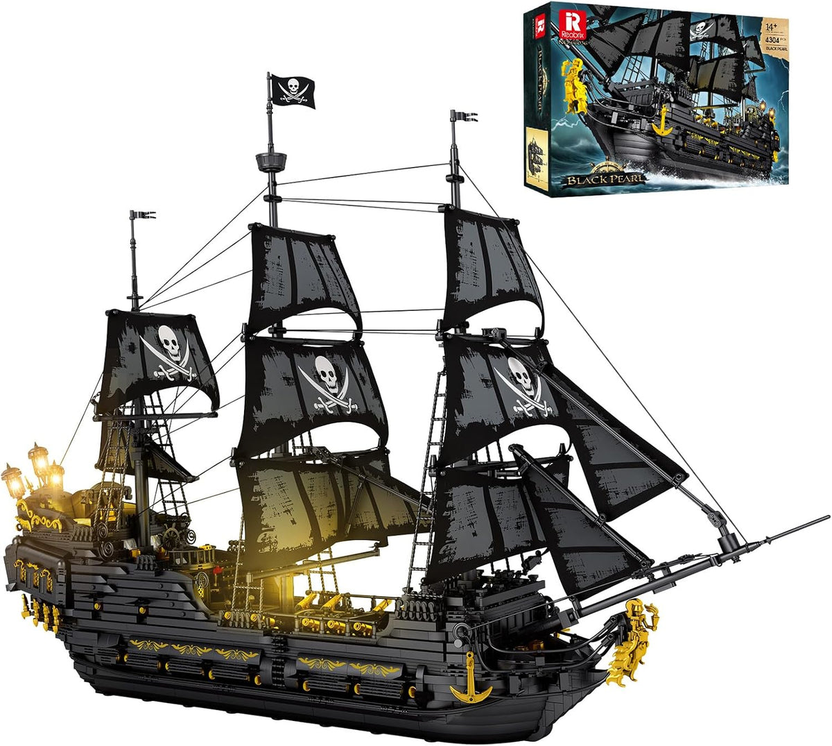 Brick-built black pirate ship with sails lit by LED lights