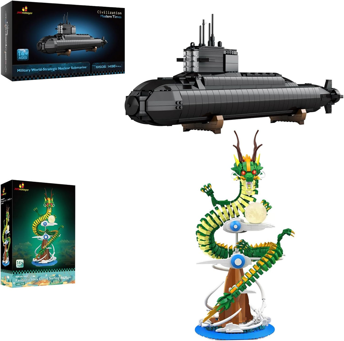 Brick-built dragon model beside a dark gray nuclear submarine model on a shelf