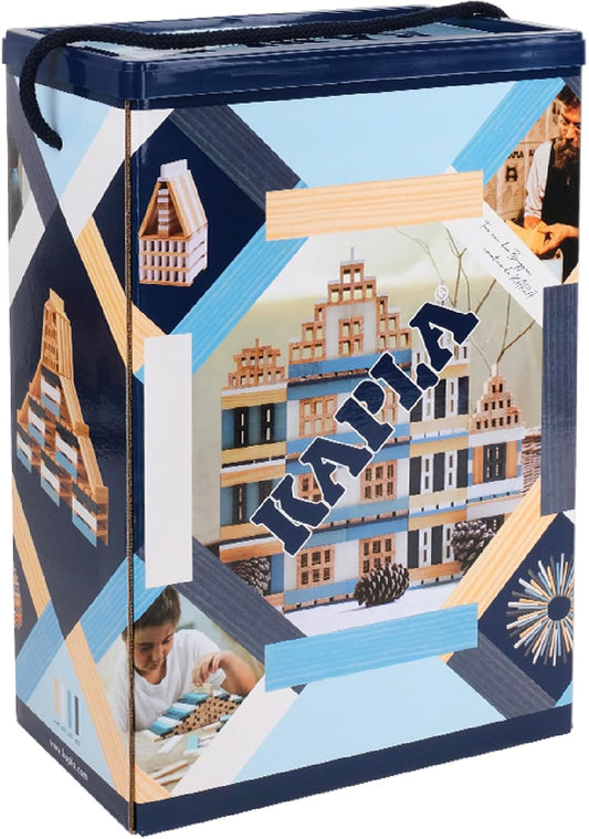 Tower built from natural, light blue, dark blue and white wooden planks