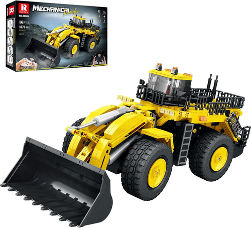 Yellow remote control bulldozer brick model with front blade