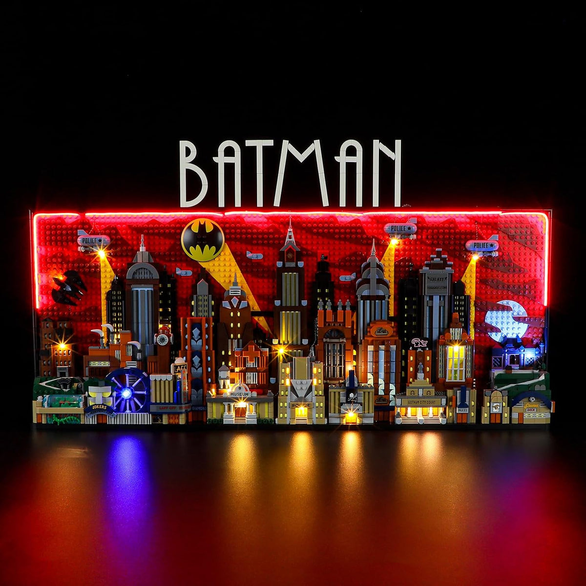Brick-built gothic metropolis skyline lit by LED lights