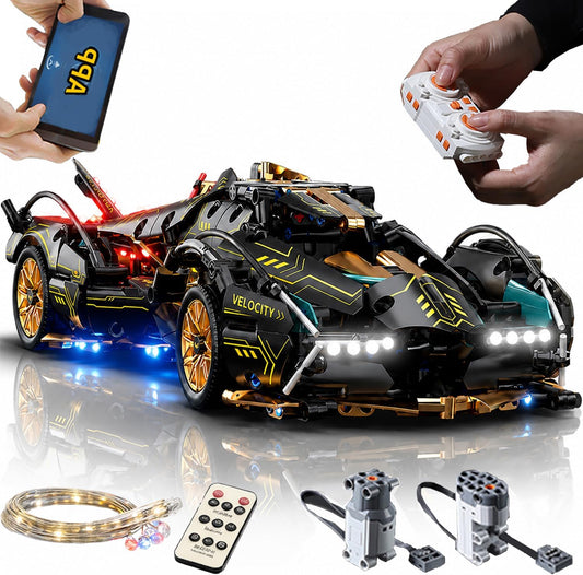 Brick-built 1:14 scale remote control race car with glowing LED headlights