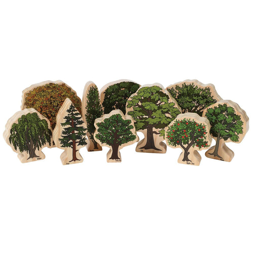 Ten illustrated wooden tree blocks showing the four seasons
