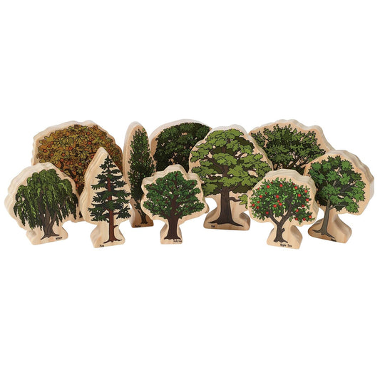 Ten illustrated wooden tree blocks showing the four seasons