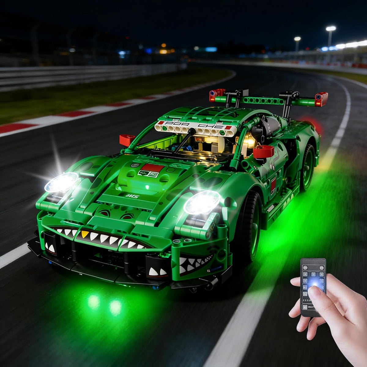 Hybrid hypercar technical brick model with glowing headlights from an LED light kit – view 3