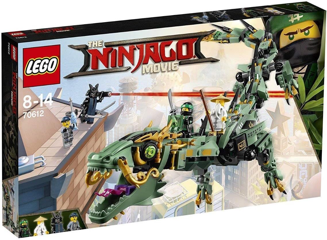 Brick-built green mechanical dragon with gold accents and a ninja figure on its back