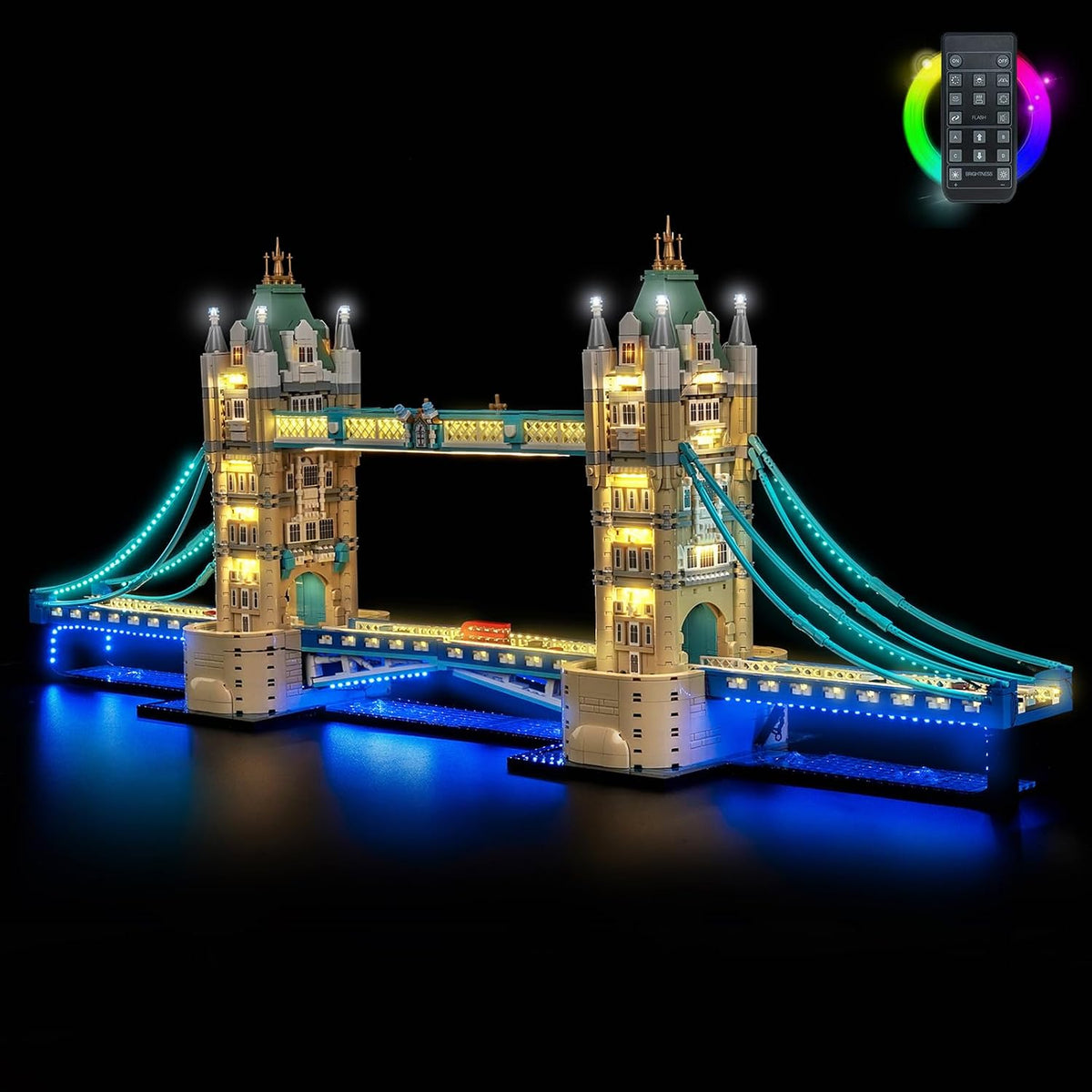 Tower Bridge brick model lit with LED lights along towers and walkways – view 2
