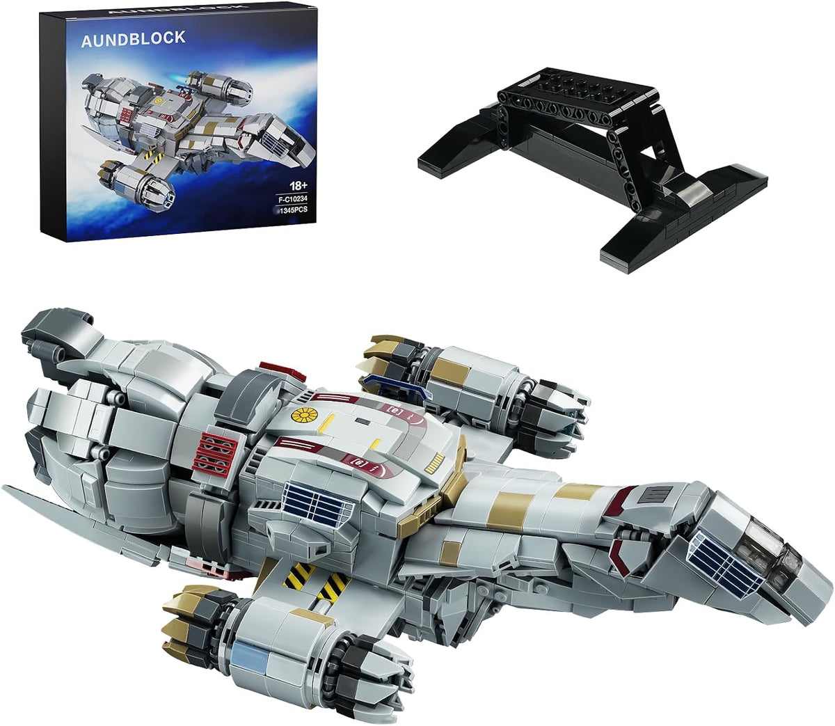 Brick-built sci-fi transport spaceship model on display