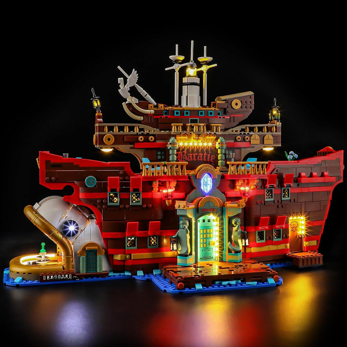 Pirate floating restaurant brick model glowing with LED lights
