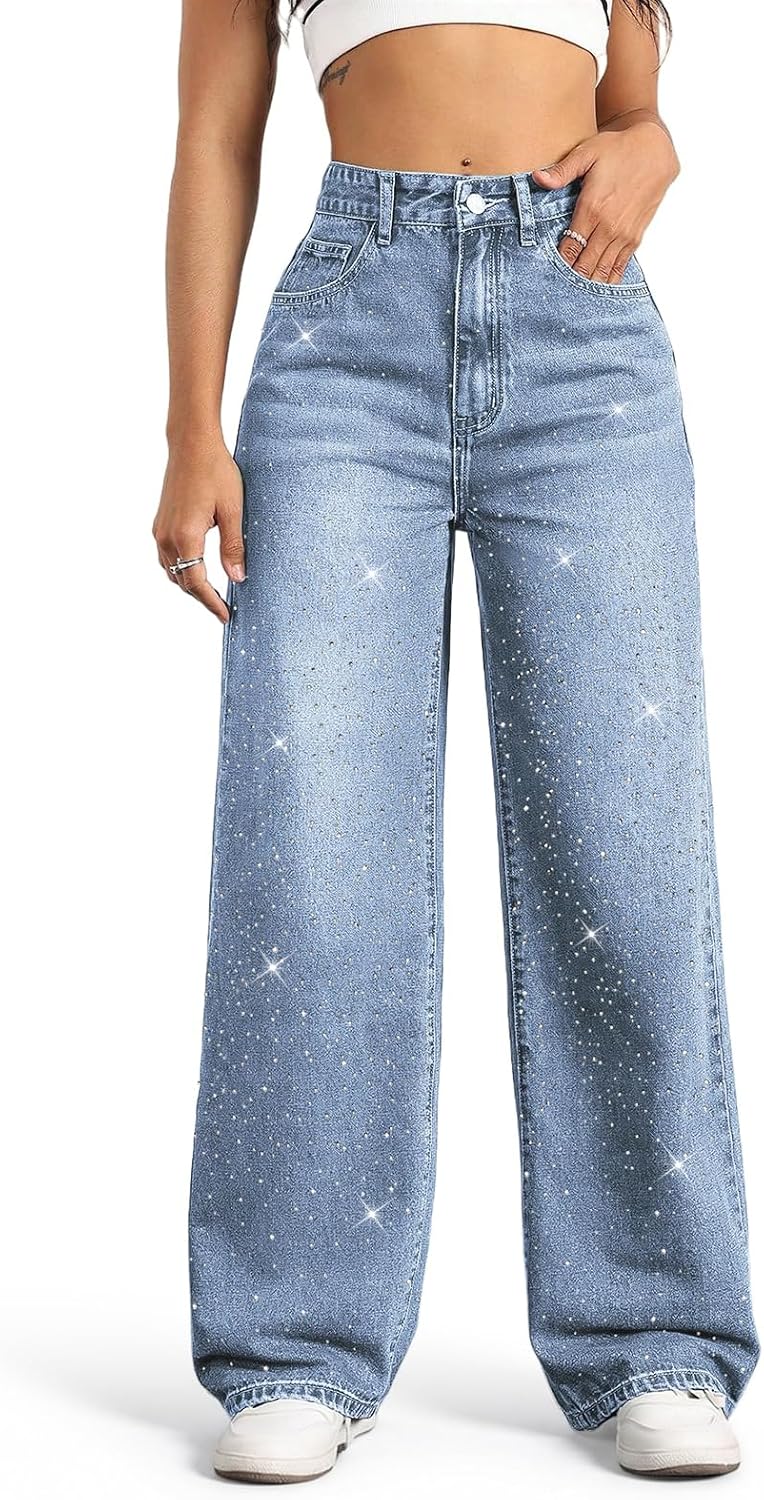 Women's High Rise Straight Leg Jeans - Baggy Boyfriend Denim with Five Pockets for Casual Wear - Lightblue (14)