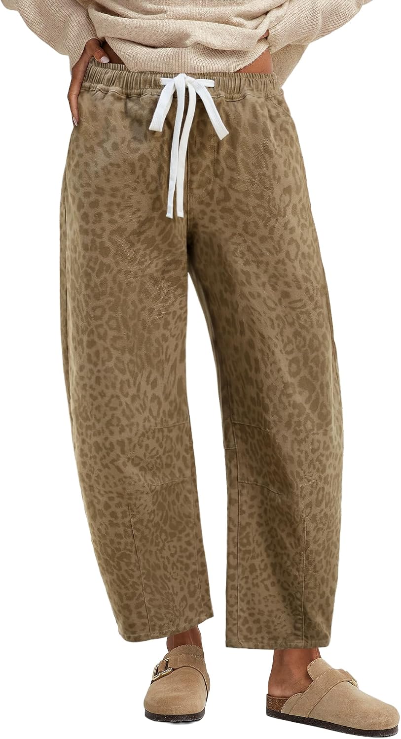 Women's Leopard Print Barrel Jeans - High Waisted Pull On Cropped Wide Leg Stretch Denim for Autumn - Small (11)