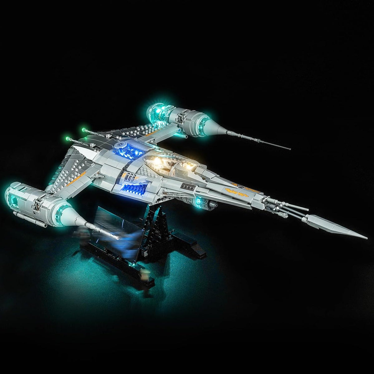 Chrome single-seat starfighter brick model lit with LED lights