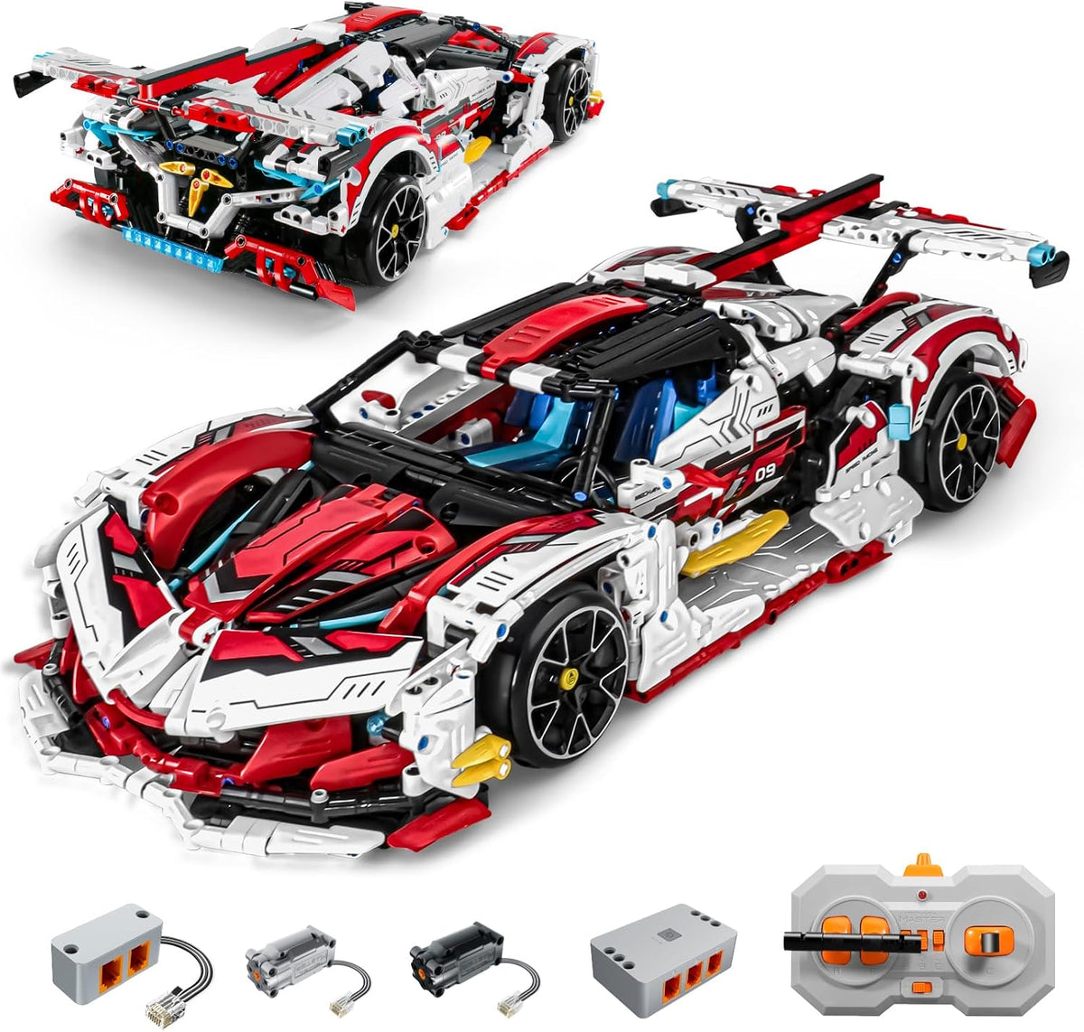Red and white brick-built supercar with gull-wing doors open