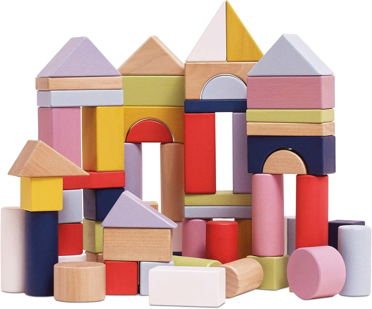 Sixty multicolored wooden building blocks in assorted shapes stacked into a small tower