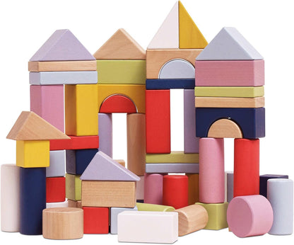 Sixty multicolored wooden building blocks in assorted shapes stacked into a small tower
