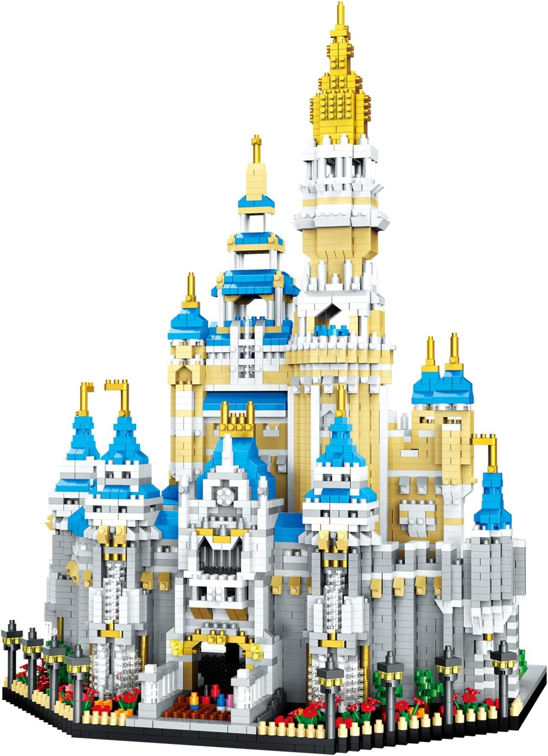 Micro brick fairy tale castle with tall spires and turrets