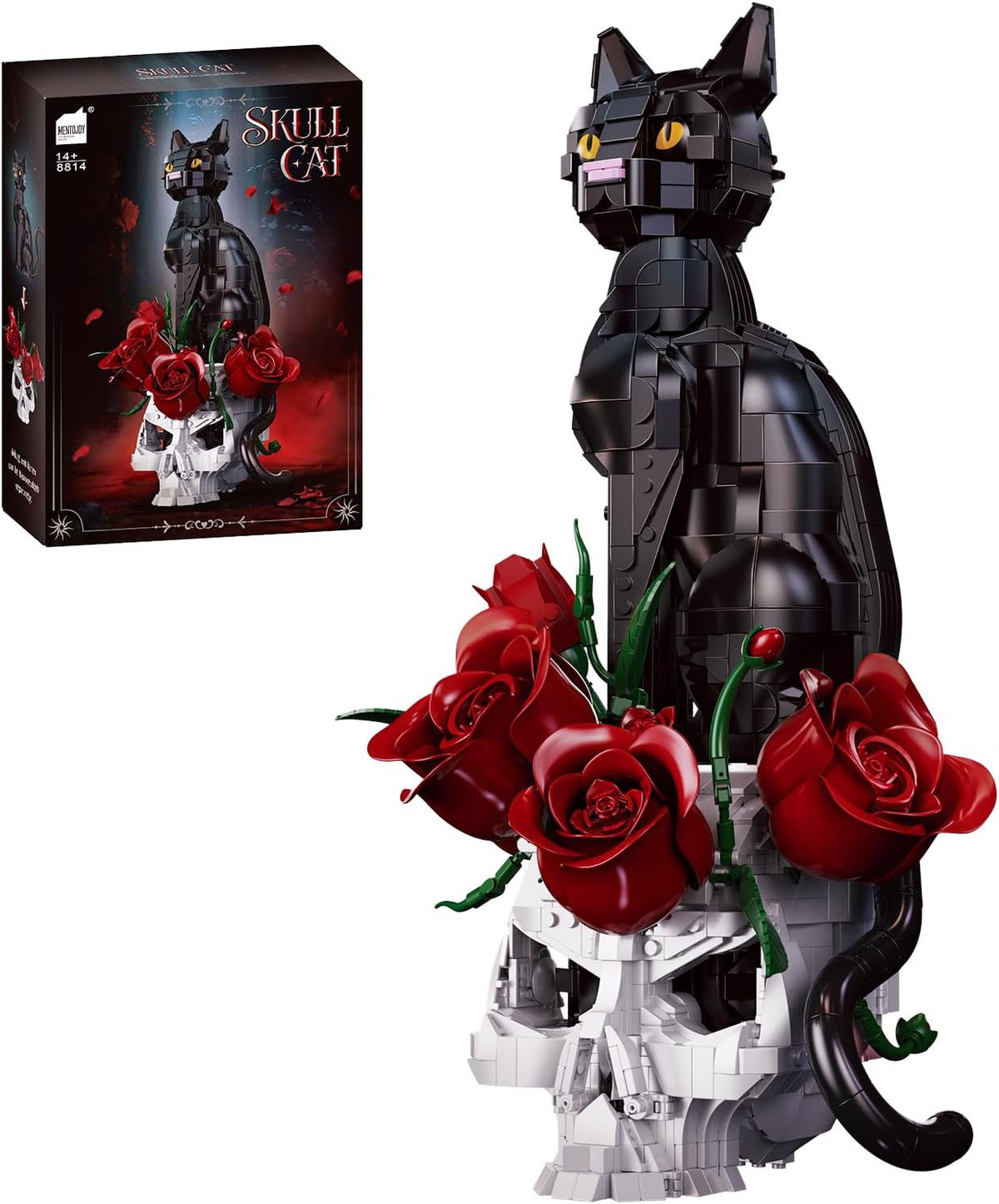 Brick-built black cat, skull and dark rose bouquet arranged on a shelf